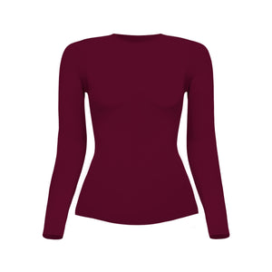 silueta camiseta manga larga cuello alto para mujer color vinotinto de Lunia, vista frontal
