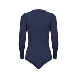 Silueta trasera body manga larga cuello alto para mujer color azul oscuro de Lunia. 