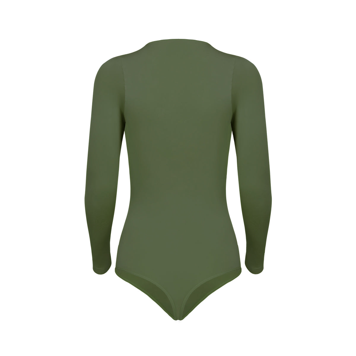 Silueta trasera body manga larga cuello alto para mujer color verde equilibrio de Lunia. 