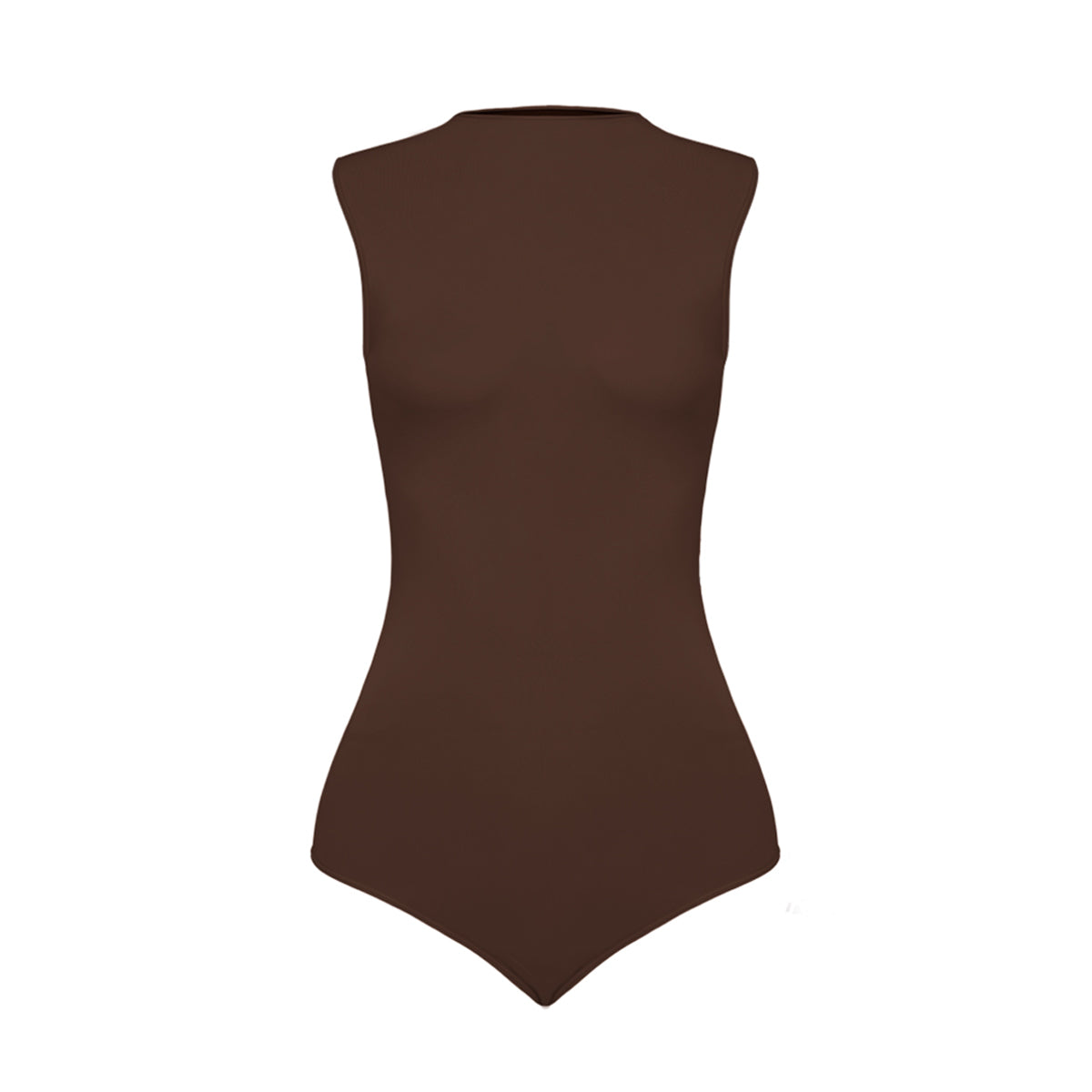 Silueta body sin manga cuello alto para mujer color chocolate de Lunia, vista frontal. 