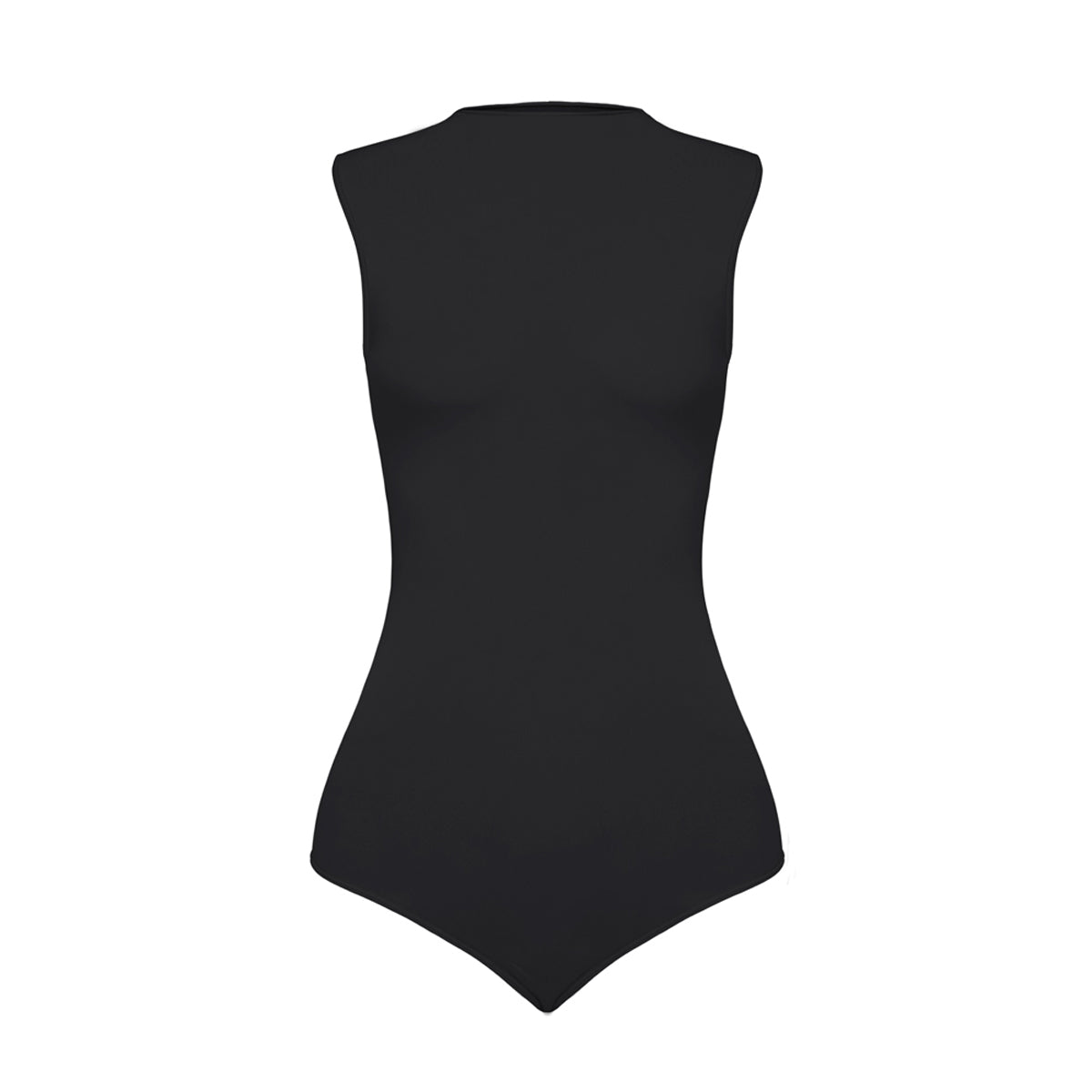 Silueta body sin manga cuello alto para mujer color negro de Lunia, vista frontal. 