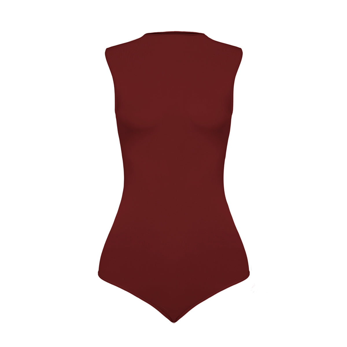 Silueta body sin manga cuello alto para mujer color vinotinto de Lunia, vista frontal. 