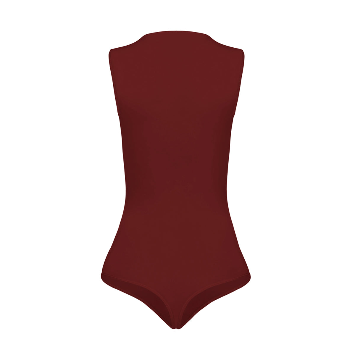 Silueta body sin manga cuello alto para mujer color vinotinto de Lunia, vista trasera. 
