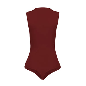 Silueta body sin manga cuello alto para mujer color vinotinto de Lunia, vista trasera. 