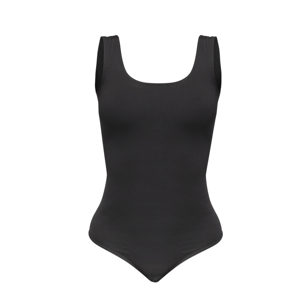 Silueta body sin manga cuello redondo para mujer color negro de Lunia, vista frontal. 