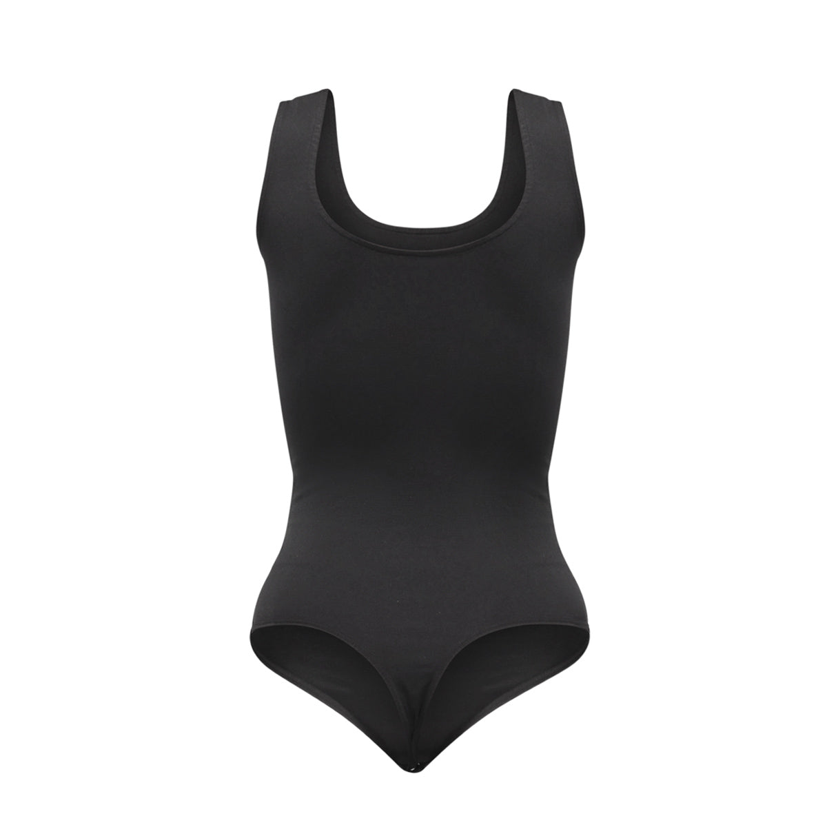 Silueta body sin manga cuello redondo para mujer color negro de Lunia, vista trasera. 